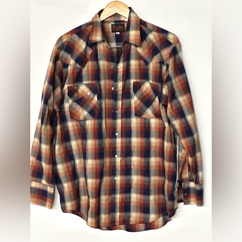 Men's Plains Pearl Snap Plaid Shirt- Blue and Brown size‎ large - Picture 2 of 5
